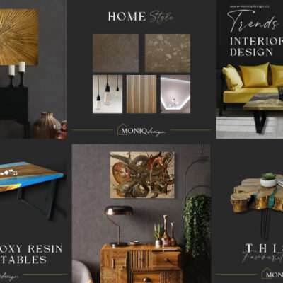 Produkty z e-shopu MONIQ design. Jídelní a konferenční epoxidové stoly různých barev a malované abstraktní obrazy.